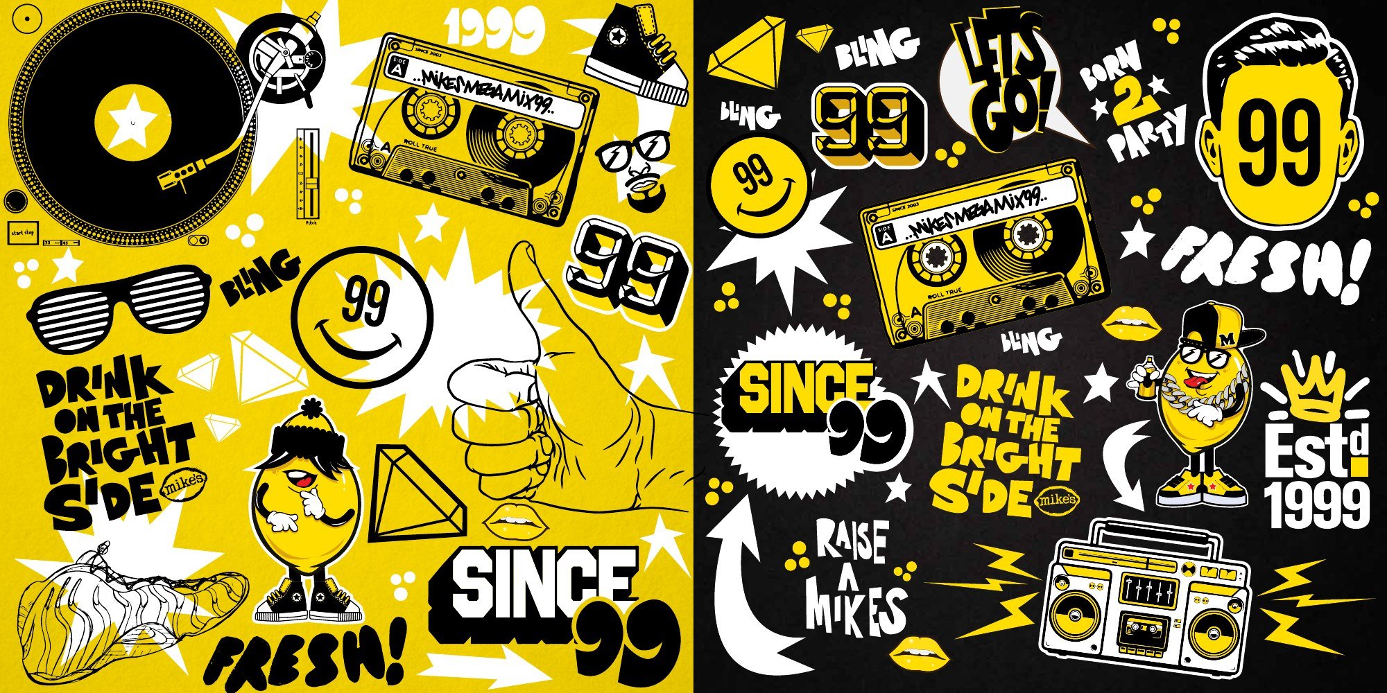 the mike's 1999 icon library: turntable, cassette, boombox, 99 smiley, the lemon mascot, drink on the bright side and since 99 stamps