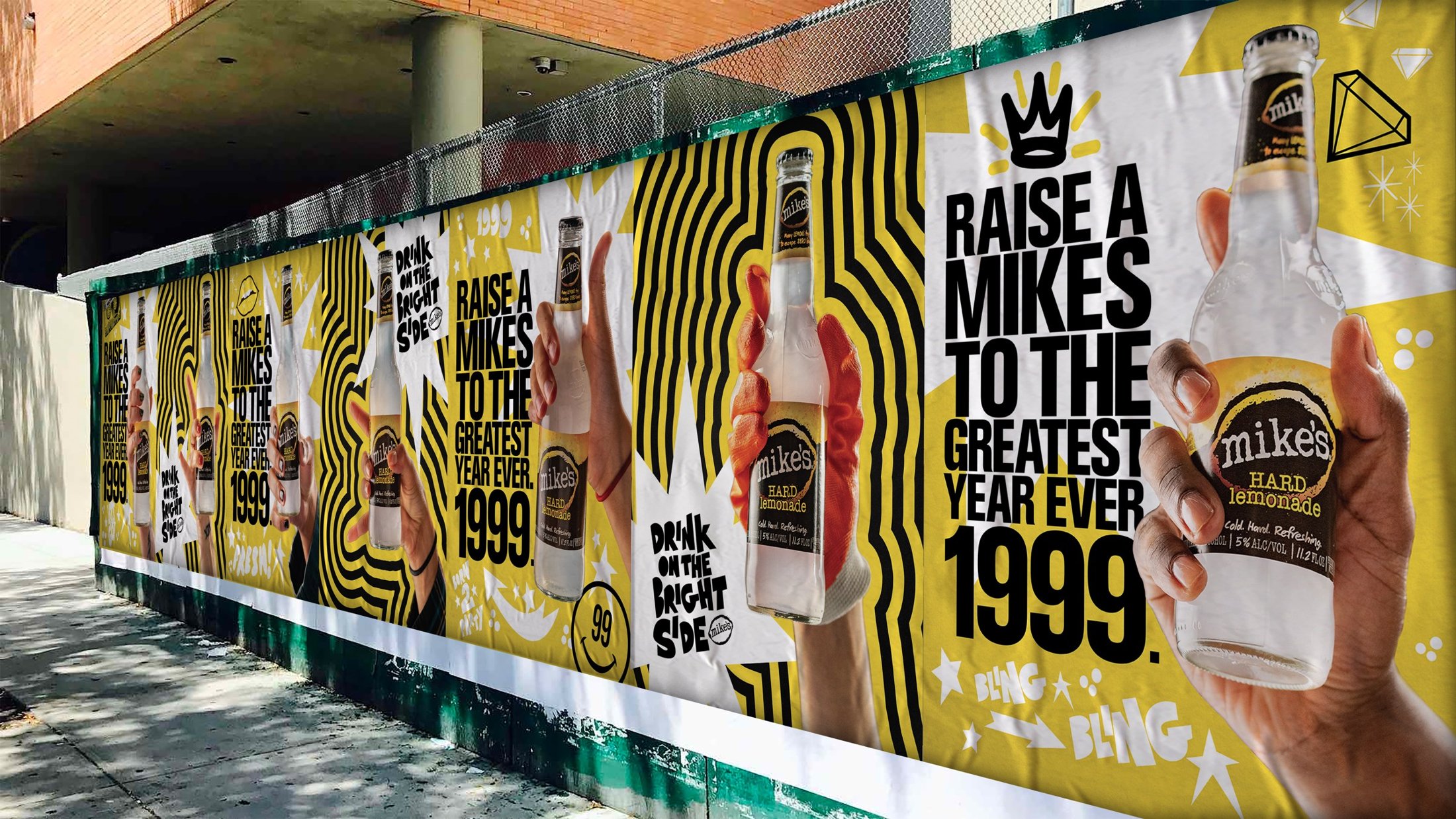 wild posting wall of hands raising mike's bottles: raise a mike's to the greatest year ever, 1999