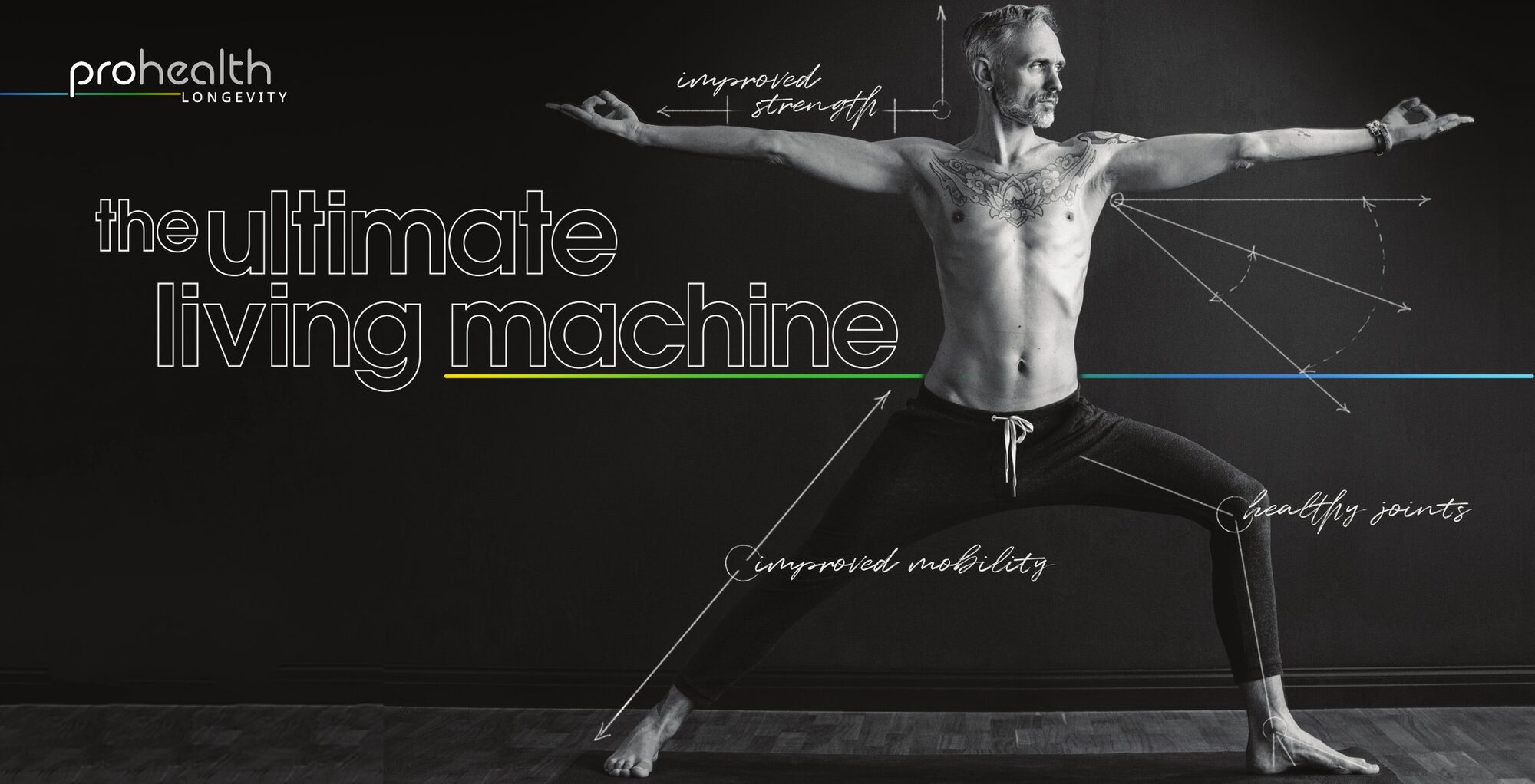 the ultimate living machine: a man in a warrior pose annotated with improved strength, improved mobility and healthy joints